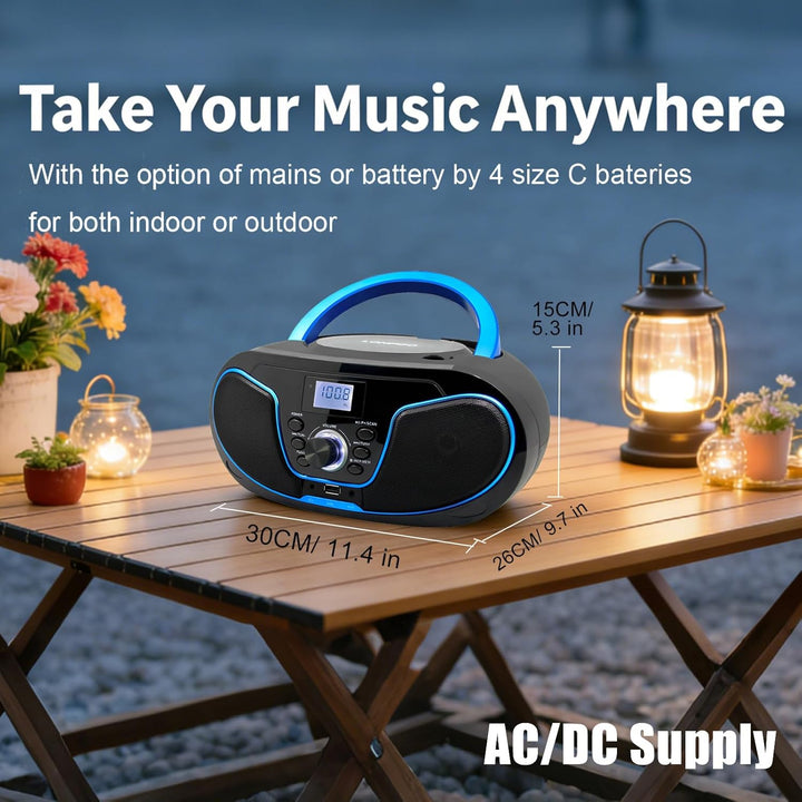 Tragbar CD Player Boombox Bluetooth - mit UKW Radio, USB Eingang & AUX & Kopfhörern Ports, 2 x 2 Wat