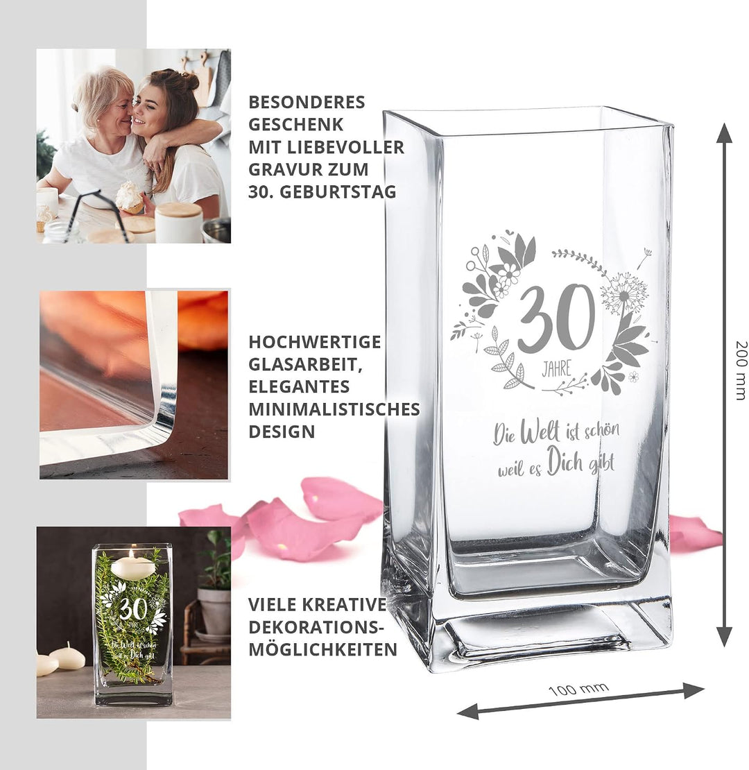 Casa Vivente Vase zum 30. Geburtstag mit süsser Gravur, Eckige Glasvase mit Alter und Spruch als Geb