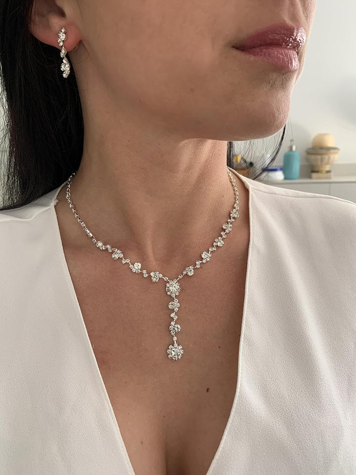 ONDEGO® 3er Set Y SILBER Strass Schmuck Kette Schmuckset Armband Hochzeit Collier Halskette Brautsch