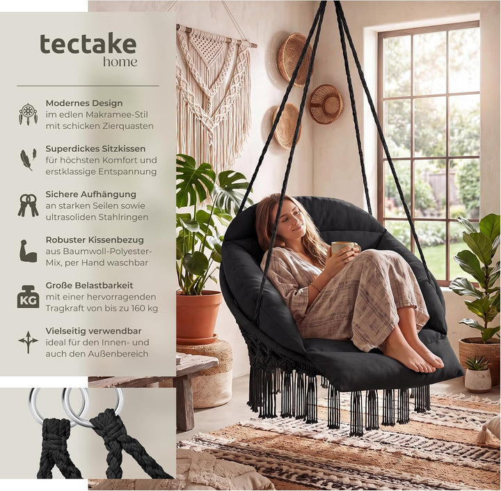 tectake® Hängesessel, Hängeschaukel mit dicken Kissen & Quasten, Boho Hängekorb Ø 80 cm, Hängesessel