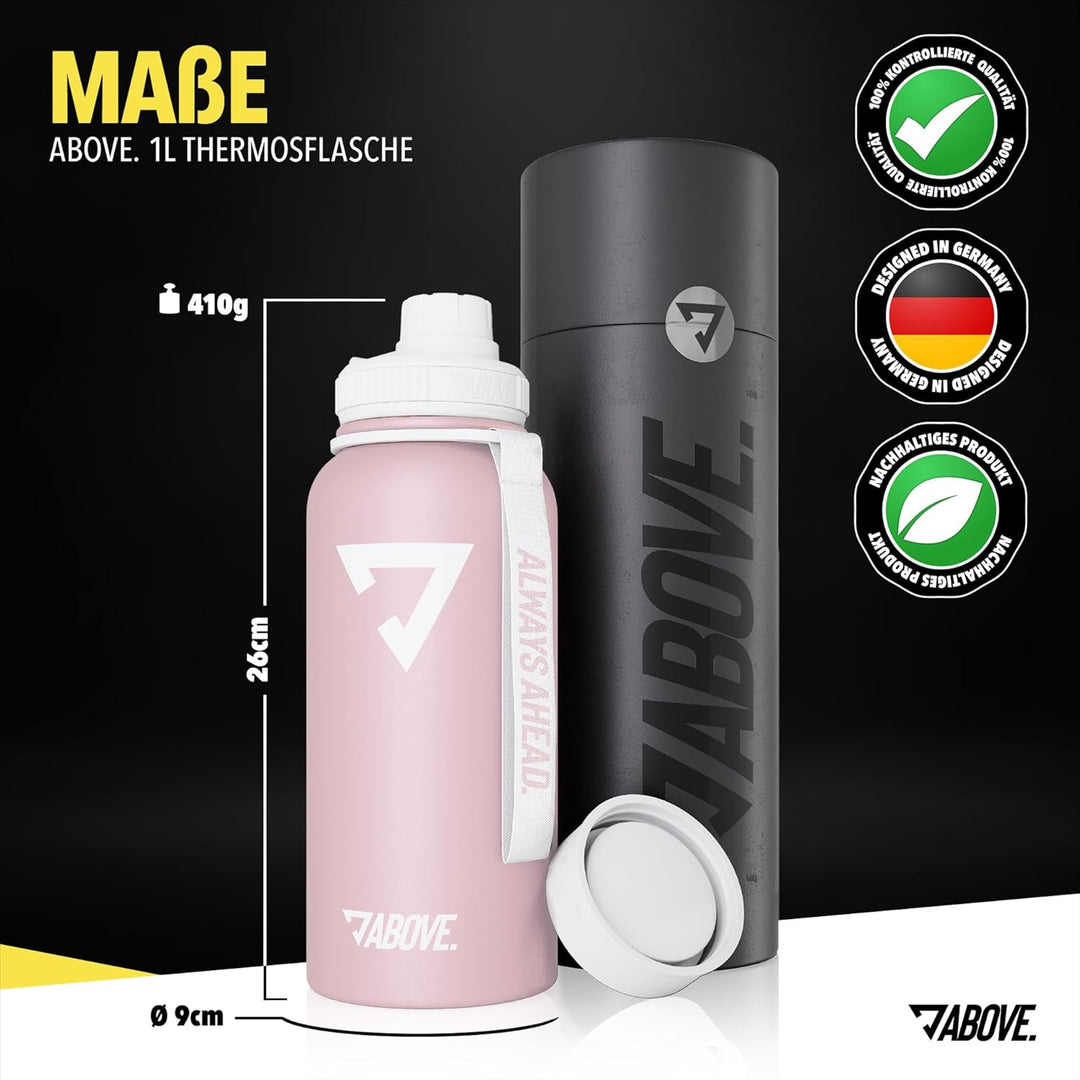 ABOVE. Trinkflasche Edelstahl 1L I Gratis Trinkverschluss I BPA-FREI I Thermosflasche hält bis zu 12