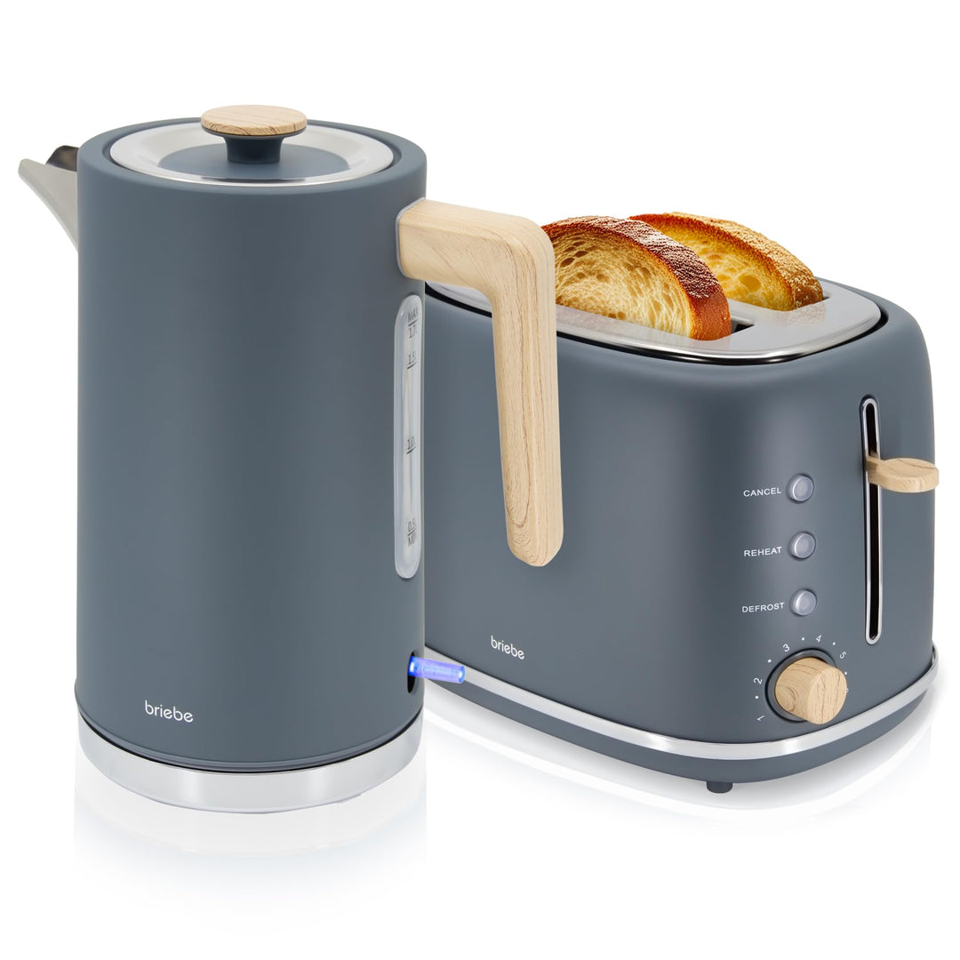 briebe Nordic Set Toaster 2 Scheiben Breite Schlitze mit Brötchenaufsatz, 6 Toast Stufen + Wasserkoc