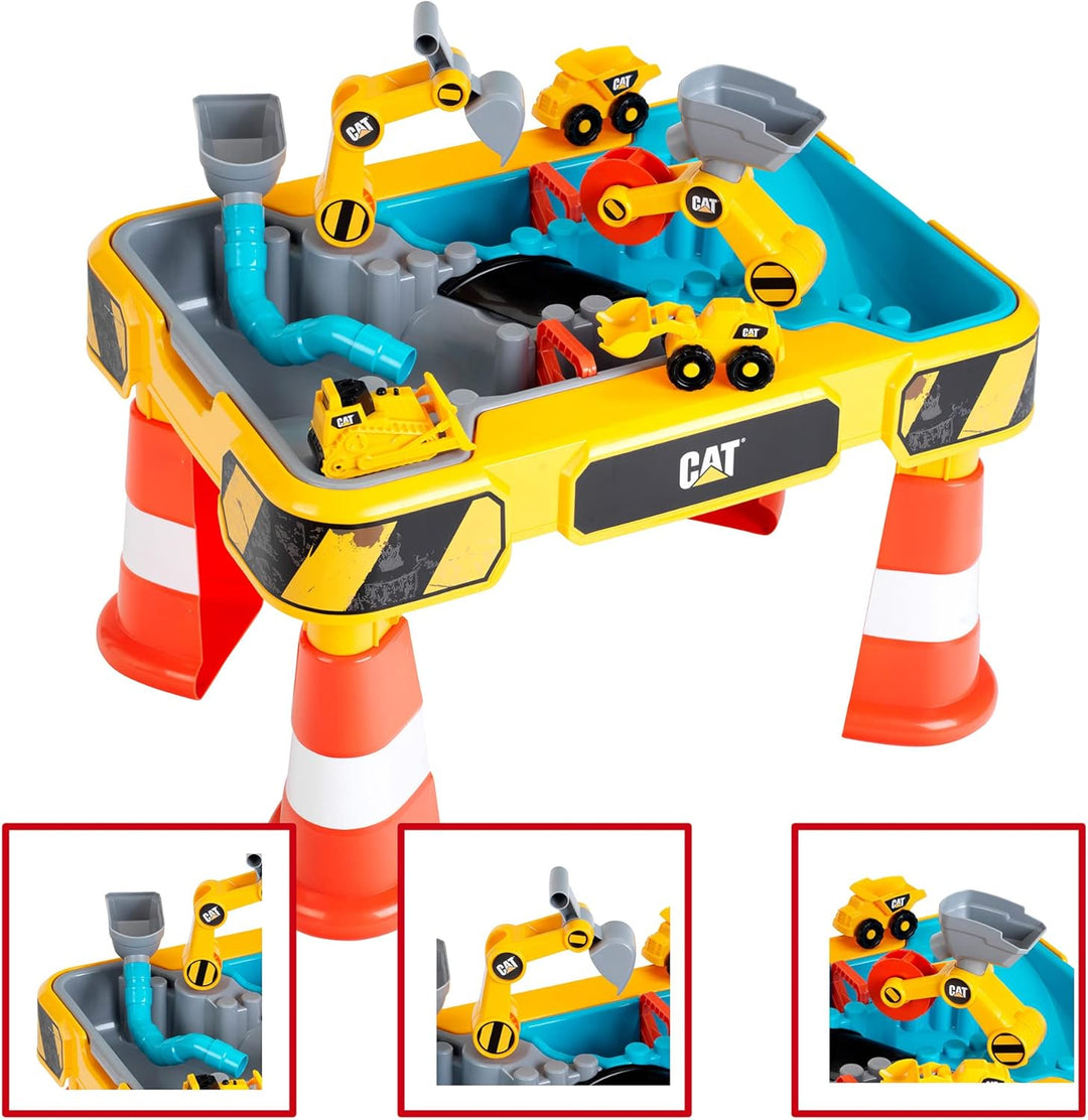 Theo Klein 3208 CAT Sand- und Wasser Spieltisch I Zwei Becken inkl. Rad- und Löffelbagger, Brücke, R