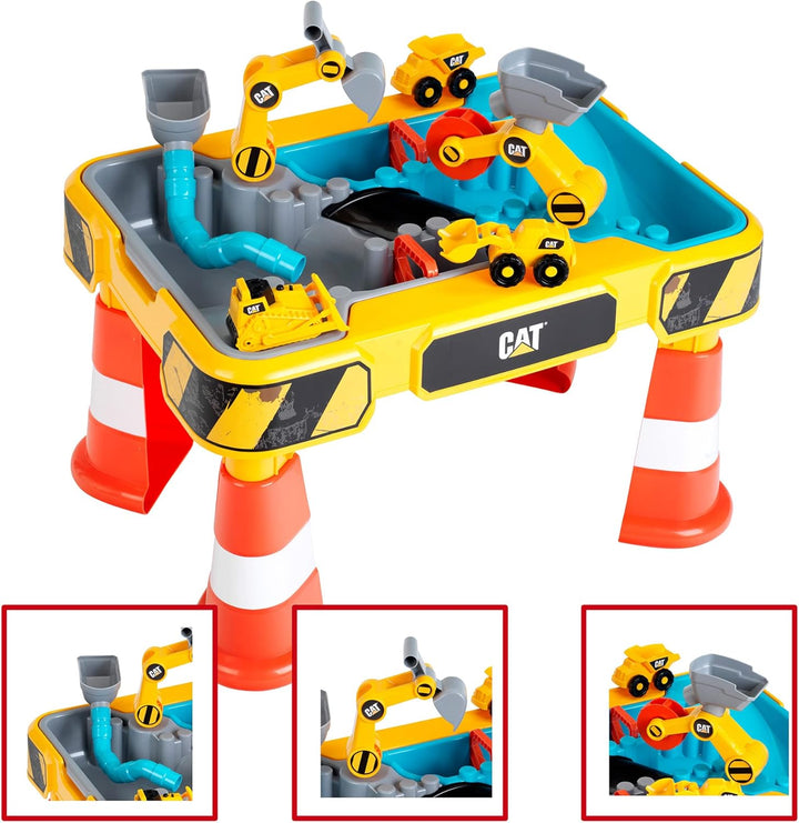 Theo Klein 3208 CAT Sand- und Wasser Spieltisch I Zwei Becken inkl. Rad- und Löffelbagger, Brücke, R