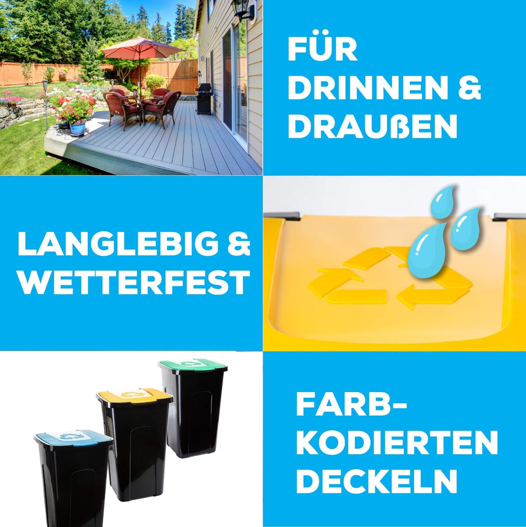 Mülltonne mit Deckel 3er Set 50 Liter Abfalleimer Abfalltonnne Mülleimer mit Farbkodierten Deckeln f