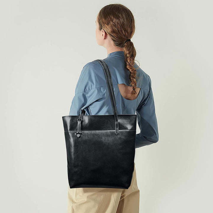 S-ZONE Damen Echtleder Tasche Shopper Gross Tote Handtasche Henkeltasche (A-schwarz), Schwarz