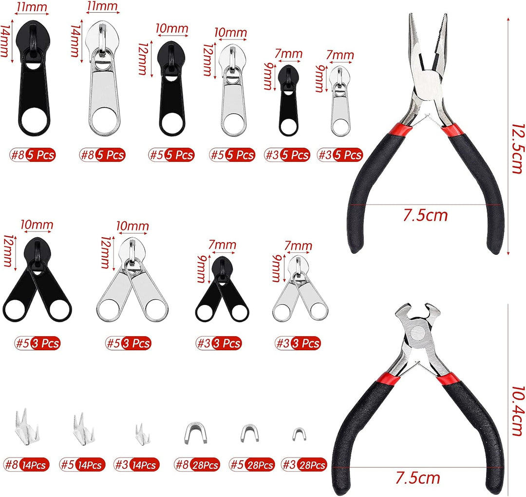 FEIGO 171 Stück Reissverschluss Reparatur Set, Reissverschluss Zipper Ersatz mit Zangen, Metall Schi