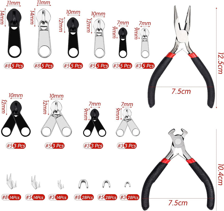 FEIGO 171 Stück Reissverschluss Reparatur Set, Reissverschluss Zipper Ersatz mit Zangen, Metall Schi