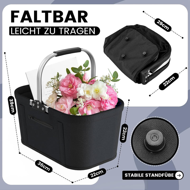 Yeabett 22L Faltbarer Einkaufskorb mit 4 Stützstangen | Stabiler Tragekorb & Picknickkorb | Grosser