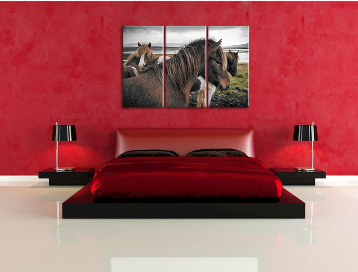 Pixxprint Herde aus schönen Wildpferden / 3-Teilig/Gesamtmass 120cm Leinwandbild bespannt auf Holzra