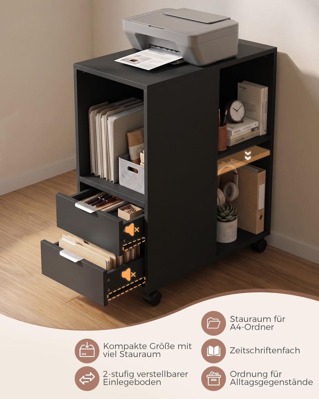 Rollcontainer Aktenschrank, Büro Schubladenschrank Untertisch, Schwarz Schwarz Holz, Schwarz Holz