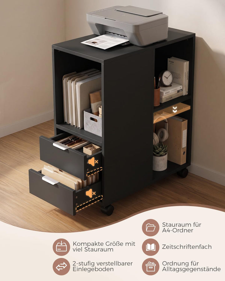 Rollcontainer Aktenschrank, Büro Schubladenschrank Untertisch, Schwarz Schwarz Holz, Schwarz Holz