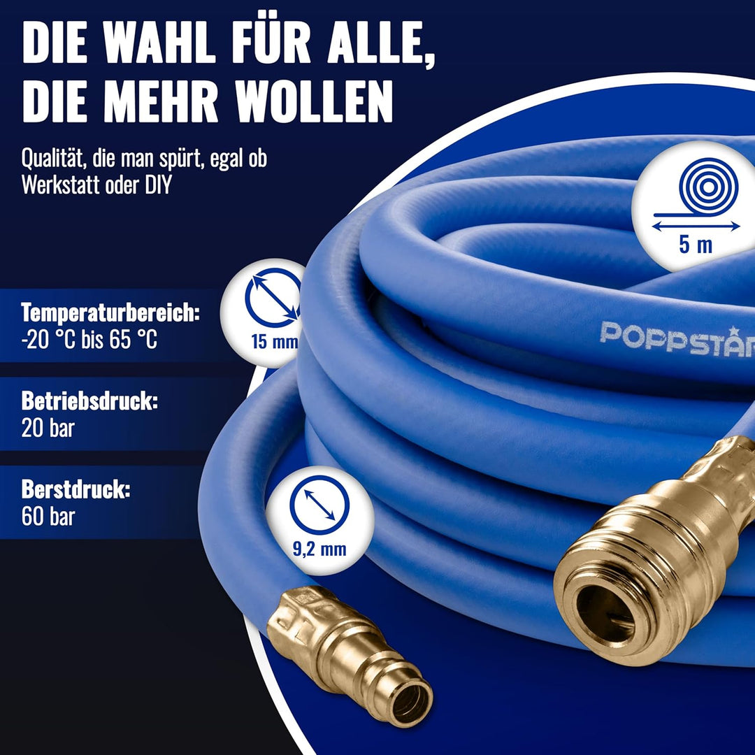 Poppstar Druckluftschlauch 5 m (Hybrid PVC mit Gewebe, Innendurchmesser 9,2mm mit Messing-Schnellkup