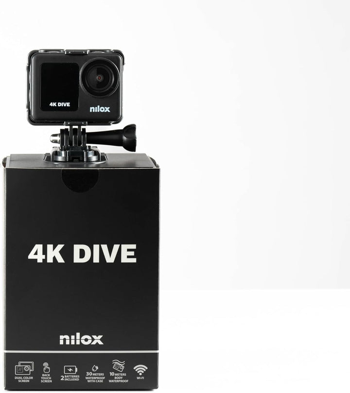 Nilox, Action Cam 4K Dive, Action Kamera 4K/60fps, Doppelbildschirm mit Touchscreen, WLAN-Verbindung