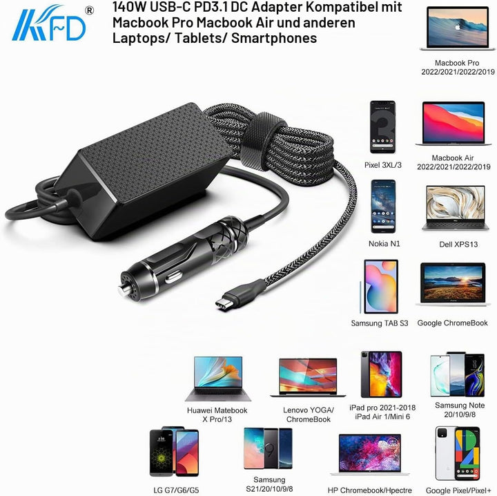 KFD PD 140W USB-C DC 12V-24V KFZ Ladegerät Laptop Netzteil Auto Ladekabel für MacBook Pro 16 14 2024