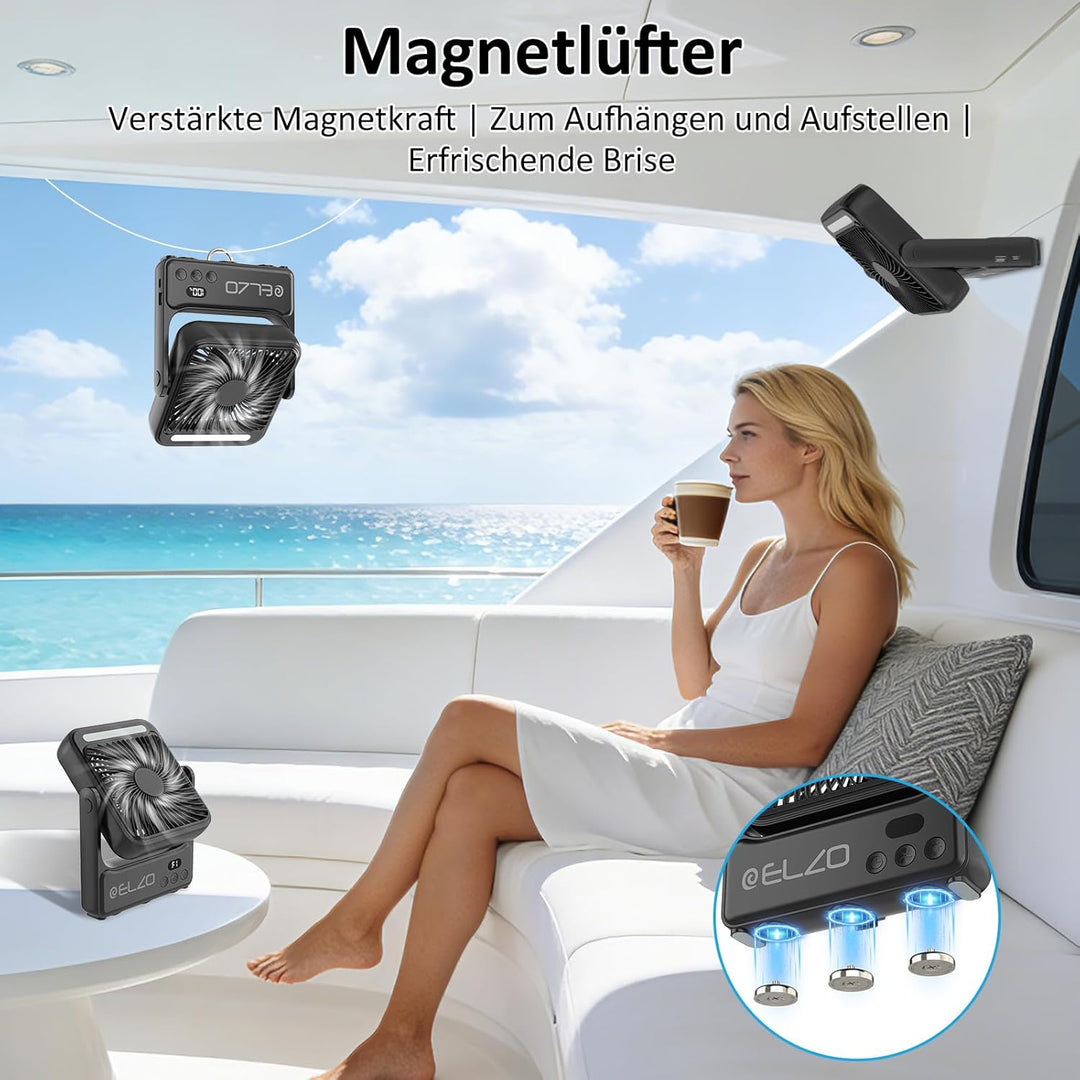 ELZO Magnetischer Reiseventilator 10000mAh für Kreuzfahrtkabinen, wiederaufladbarer Campingventilato