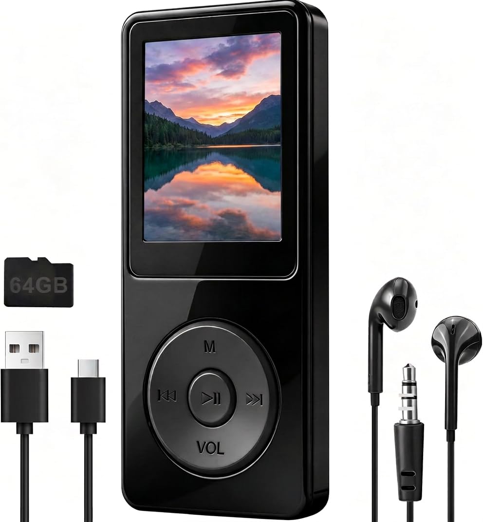 64GB MP3 Player Bluetooth 5.3 mit 1.8" TFT Farbbildschirm HiFi Musik Kinder MP3-Player mit Lautsprec