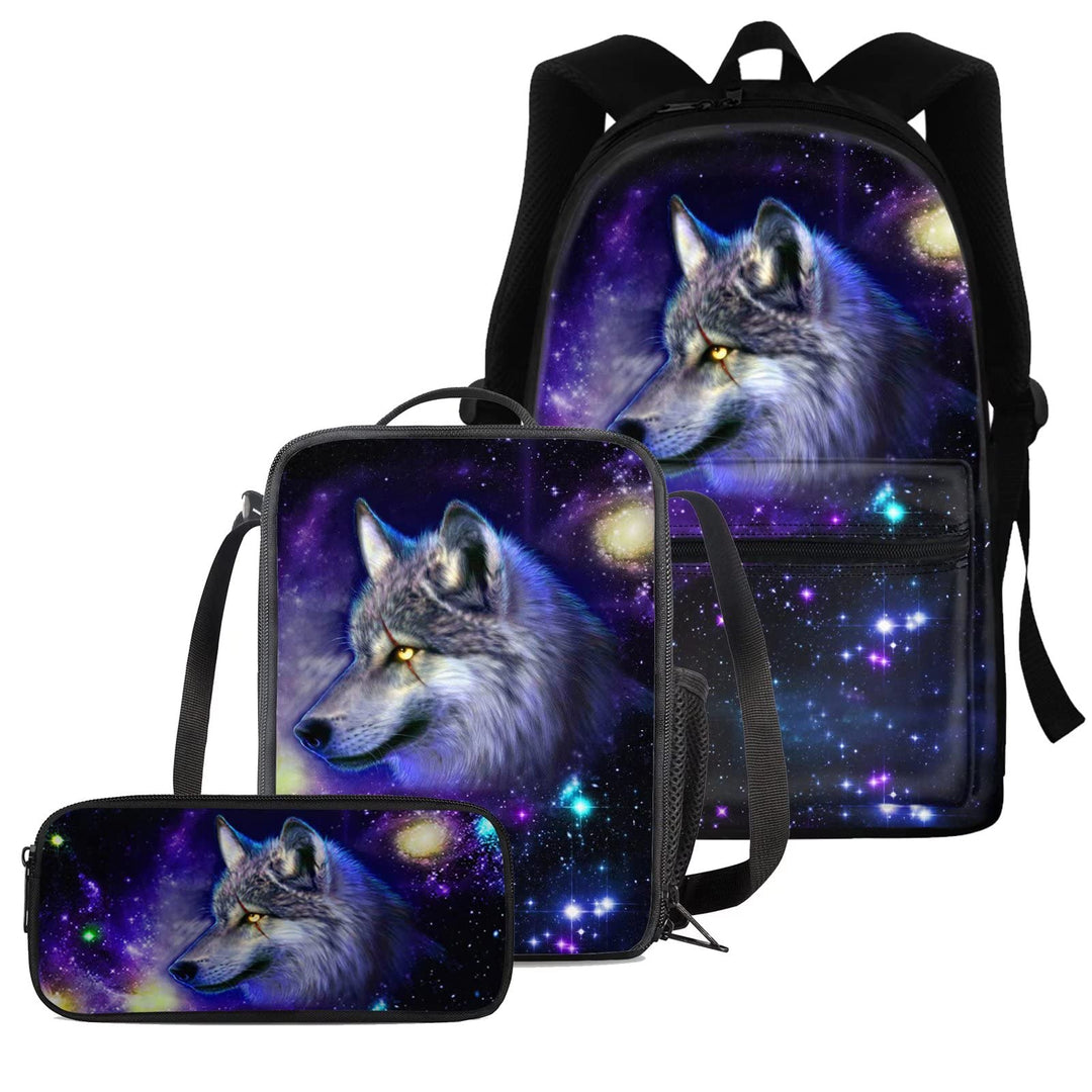 chaqlin Blue Galaxy Wolf Schulrucksack-Set für Jungen Teenager, 3-in-1-Schulbüchertaschen, Tierwolf,