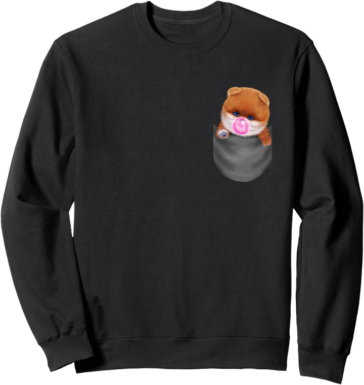 Orange pommerscher Hund mit Kaugummi in der Tasche Sweatshirt