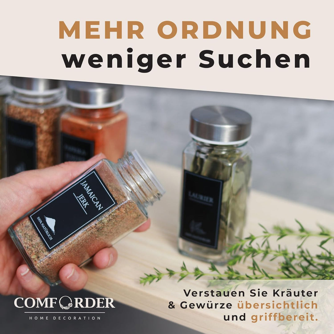 comforder Gewürzgläser Set (25 Stück), Gewürz Organizer mit Gewürzstreuer mit Etiketten + Trichter,