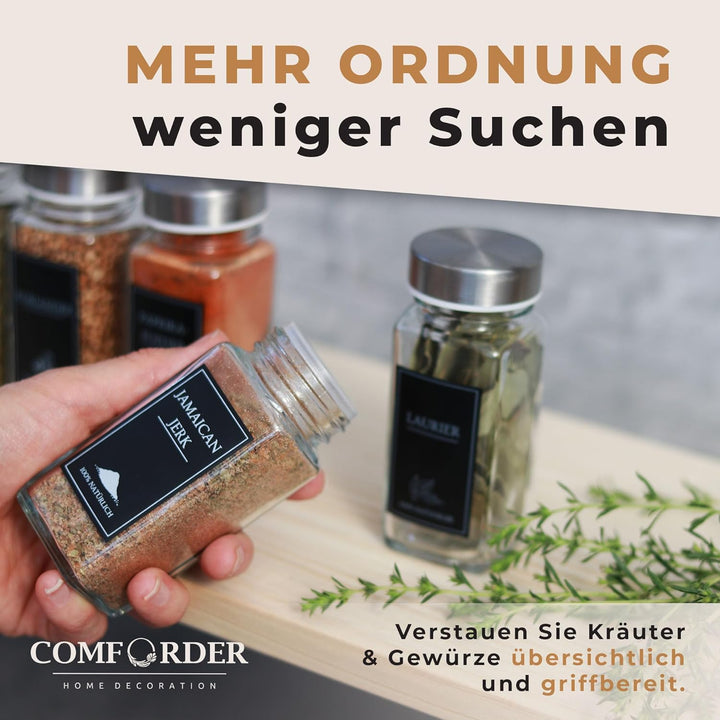 comforder Gewürzgläser Set (25 Stück), Gewürz Organizer mit Gewürzstreuer mit Etiketten + Trichter,