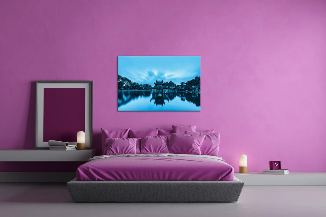 deyoli Vietnam Tempel in Pagoda Format: 80x60 Effekt: Monocrome Blau als Leinwand, Motiv fertig gera