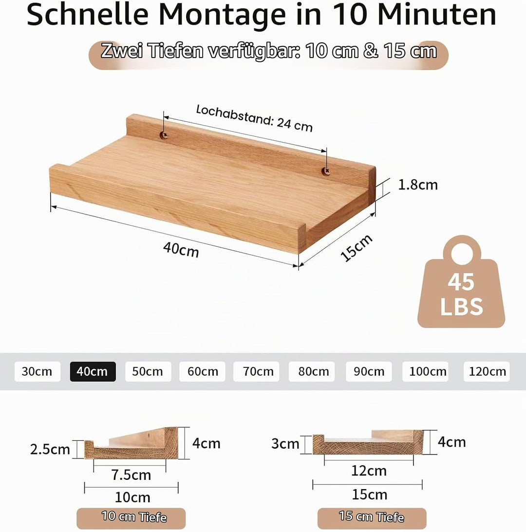 Gieanoo Bilderleiste Holz, 40cm Rustikales Eiche Massiv Schweberegal Wandregal gewürzregal Wand rega