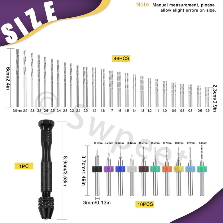 Swpeet 57 Stück Handbohrer Set enthalten Pin Vise Handbohrer, 46 Stück Spiralbohrer und 10 Stück Min