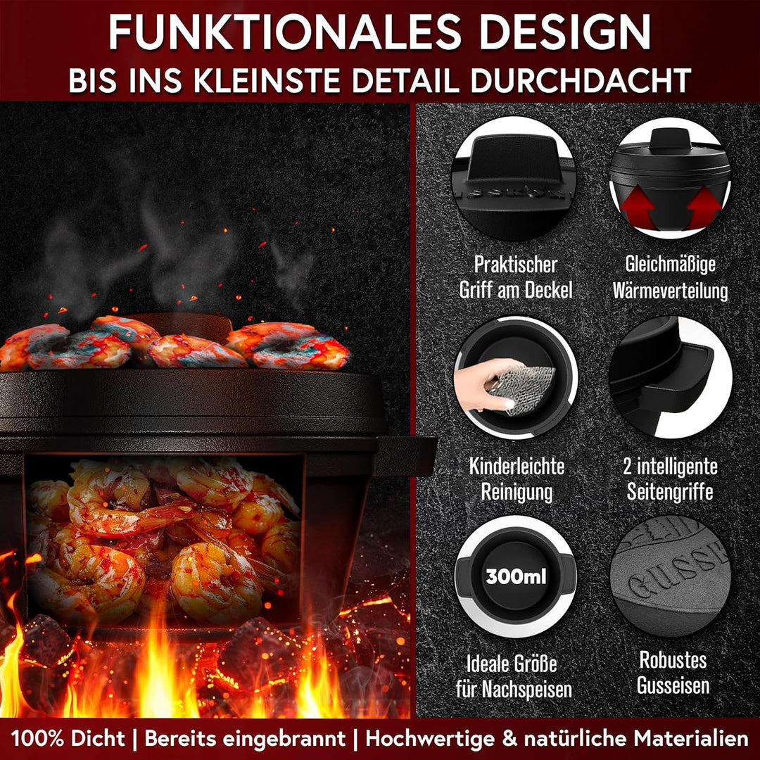 GUSSKÖNIG Dutch Oven Set Mini mit Holz-Untersetzer - 4x 300ml Gusseisen Mini Topf mit Deckel - einge