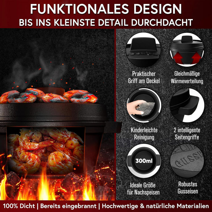 GUSSKÖNIG Dutch Oven Set Mini - 4x 300ml Gusseisen Mini Topf mit Deckel - bereits eingebrannter Mini