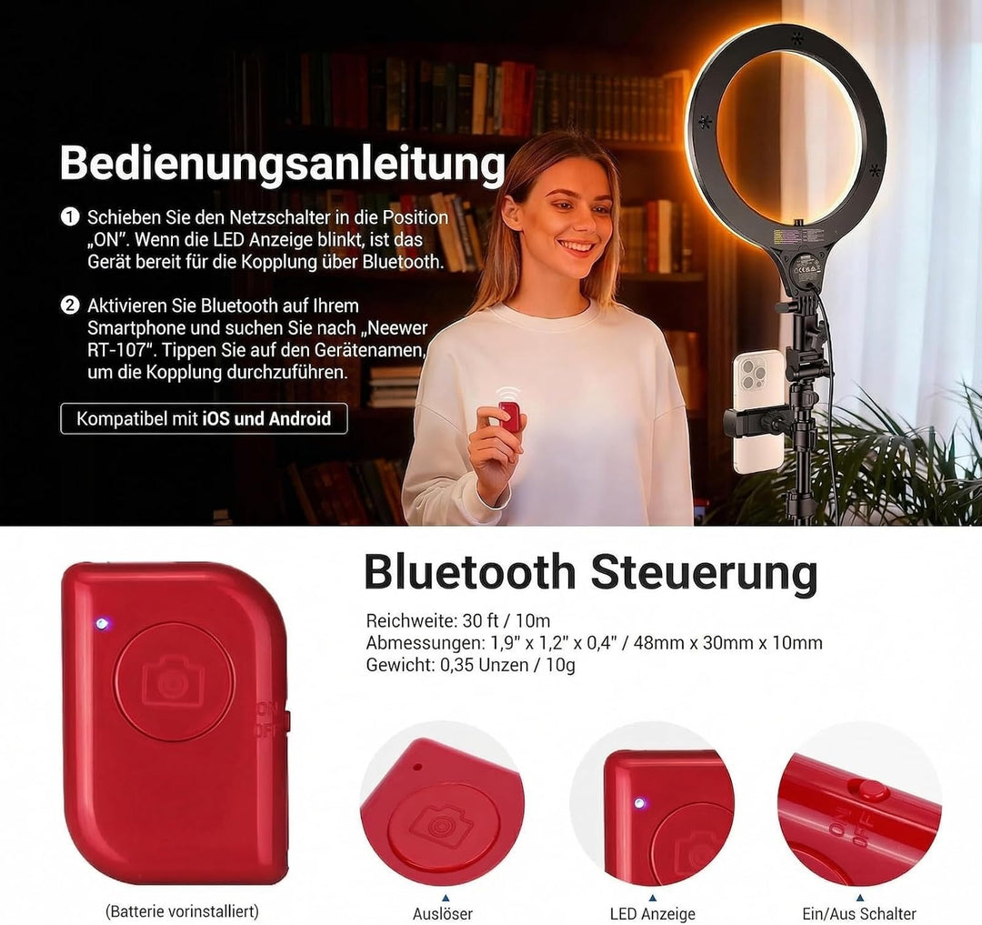 NEEWER Entry Level Version 10,5" 10W Ring Light mit 66" Stativständer, Überkopf Handyhalterung Kompa
