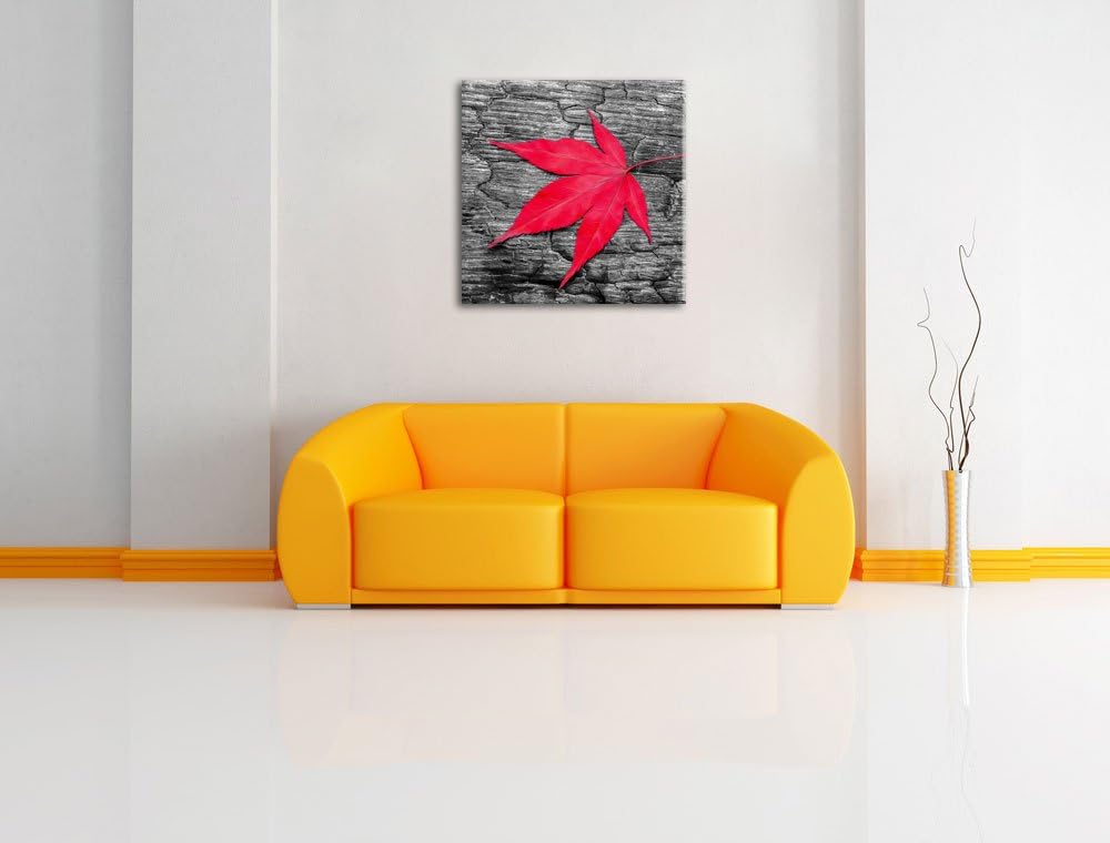 Pixxprint Rotes Ahornblatt im Herbst schwarz/weiss, Format: 70x70 auf Leinwand, riesige Bilder ferti