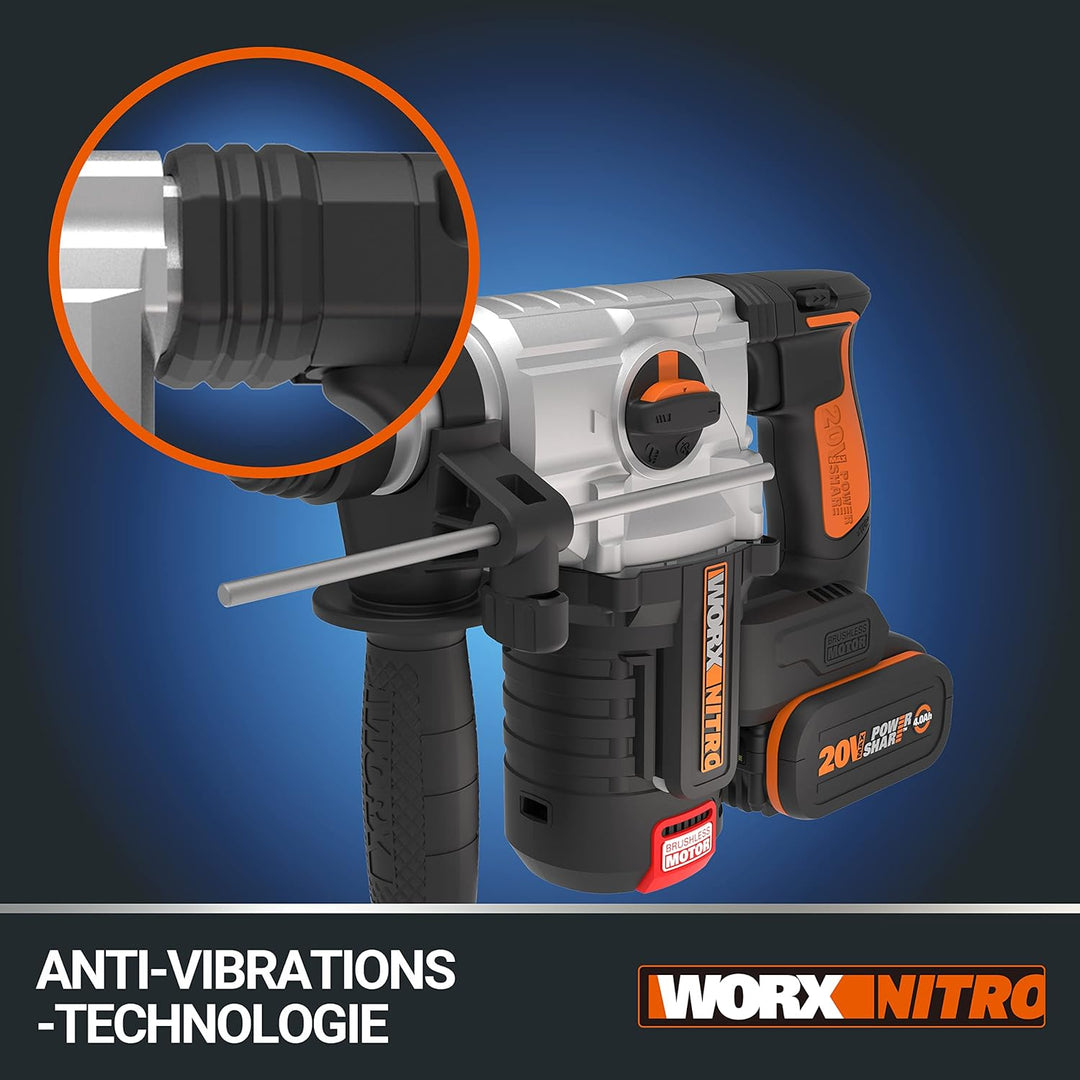 WORX NITRO WX380.9 Akku-Bohrhammer 20V - zum Bohren, Hammerbohren & Meisseln - bürstenloser Motor -