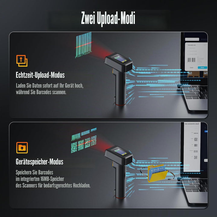 Tera 2D HW006 Barcode-Scanner, kabellos, QR-Code-Scanner mit Bluetooth, Zeitanzeige, Bildschirm, Bat