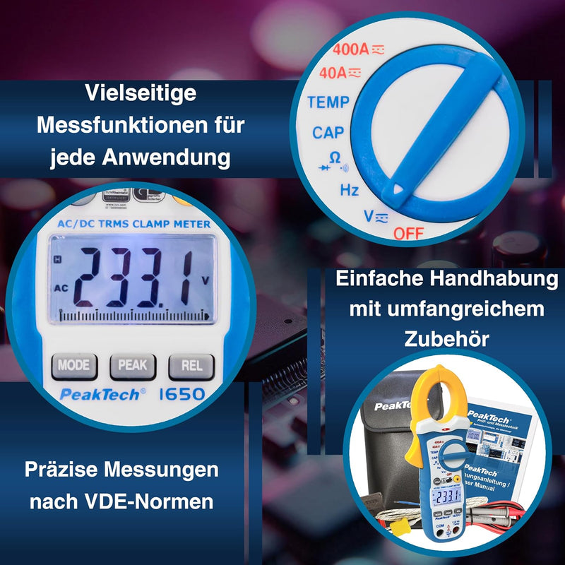 PeakTech 1650 – True RMS Stromzange 400A AC/DC, Digital Multimeter, Zangenmessgerät, TÜV/GS, Stromme