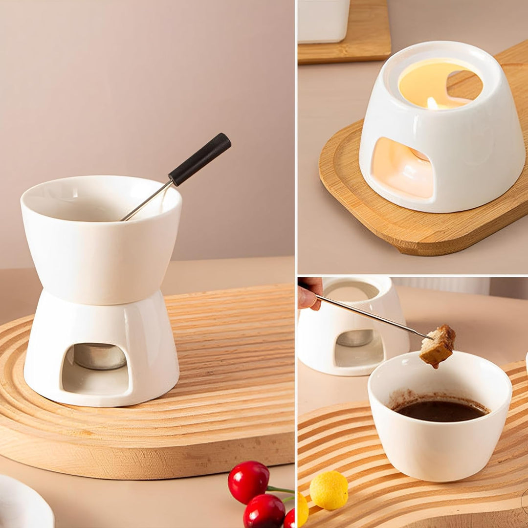 Keramik Schokofondue-Topf-Set, Käse Fondueset mit 1 Teelicht & 4 Gabeln Aus Rostfreiem Stahl, Mini S