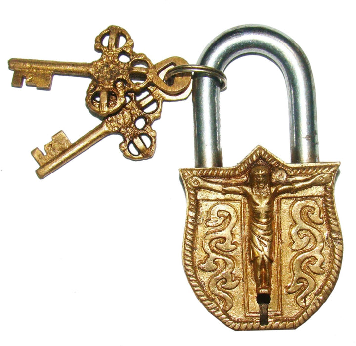 Purpledip Brass Padlock with Crucifix Relief Depicting Jesus Christ on The Cross (10318)