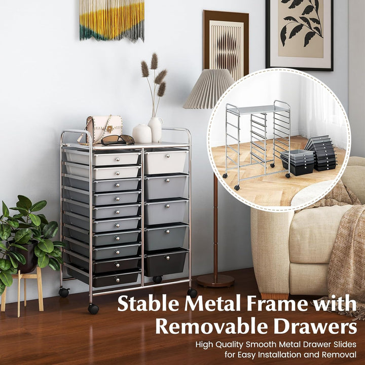 KOMFOTTEU Trolley mit 15 Schubladen, stapelbar, Verriegelungsrollen, metallschoniger Rahmen, für Bür