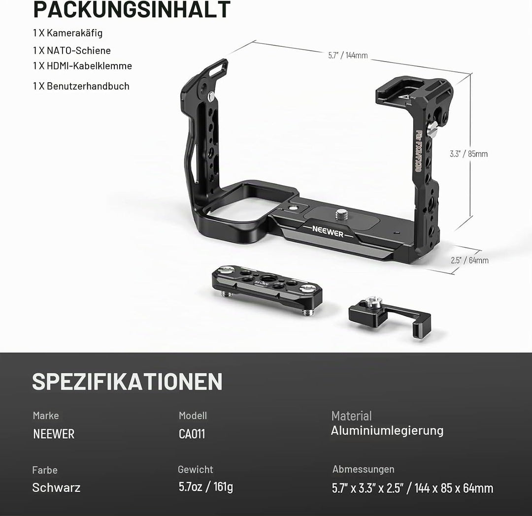 NEEWER FX3/FX30 Cage Kamera Käfig mit HDMI Cable Clamp,NATO Schiene,3/8"ARRI Positionierungslöcher,