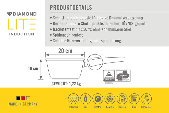 Woll Diamond Lite Topfset 4 tlg, bestehend aus Stieltopf Ø 20 cm inklusive Sicherheitsglasdeckel und