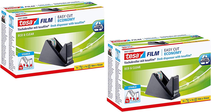 tesa Easy Cut Economy Klebebandabroller mit ecoLogo für Tische 2X (Abroller inkl. Einer Rolle eco &