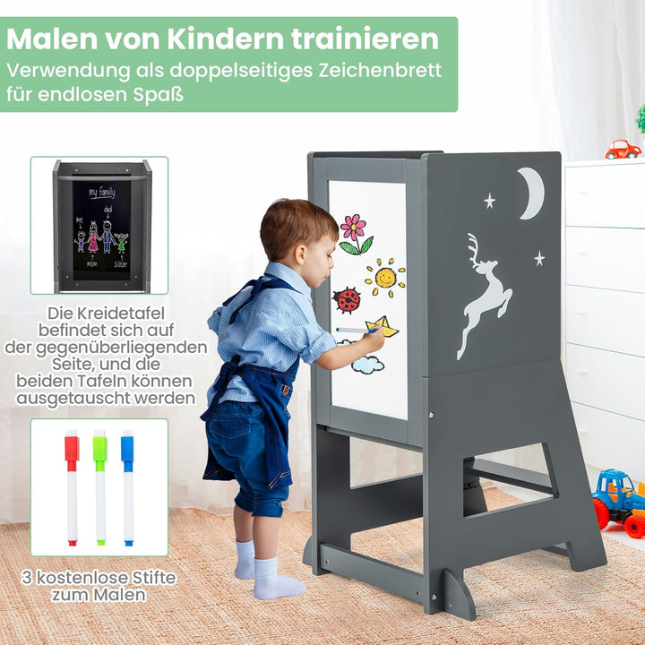 COSTWAY Lernturm kinder, 2 in 1 Tritthocker montessori mit 3 verstellbare Höhen & doppelseitiger Taf