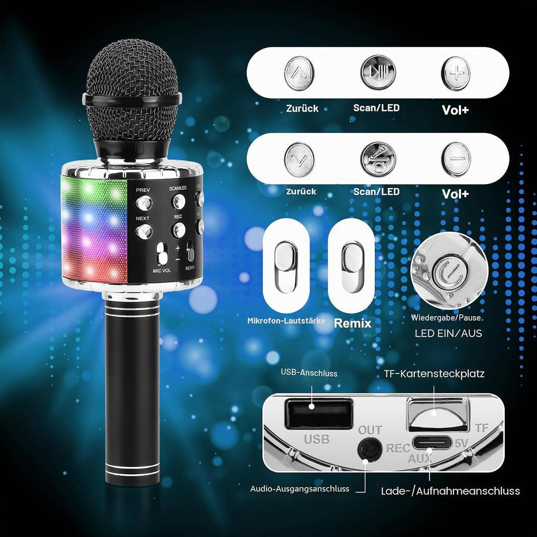 ShinePick Mikrofon Kinder Bluetooth, 4-in-1 Drahtloses Karaoke Mikrofon, Tragbare LED Microphone Spi