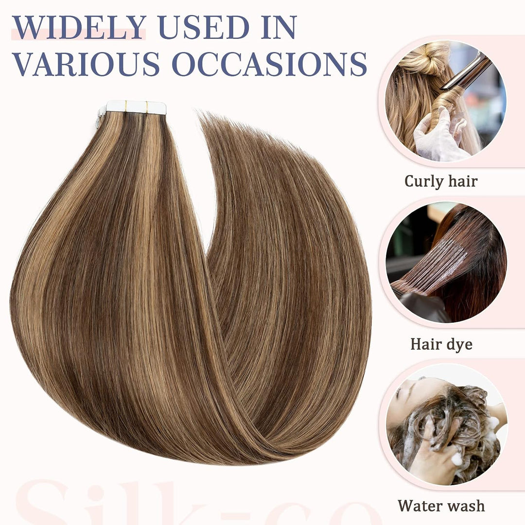 Silk-co Tape Extensions Echthaar 10 Stück 20g, Remy Tape in Extensions Haarverlängerung, Skin Weft E