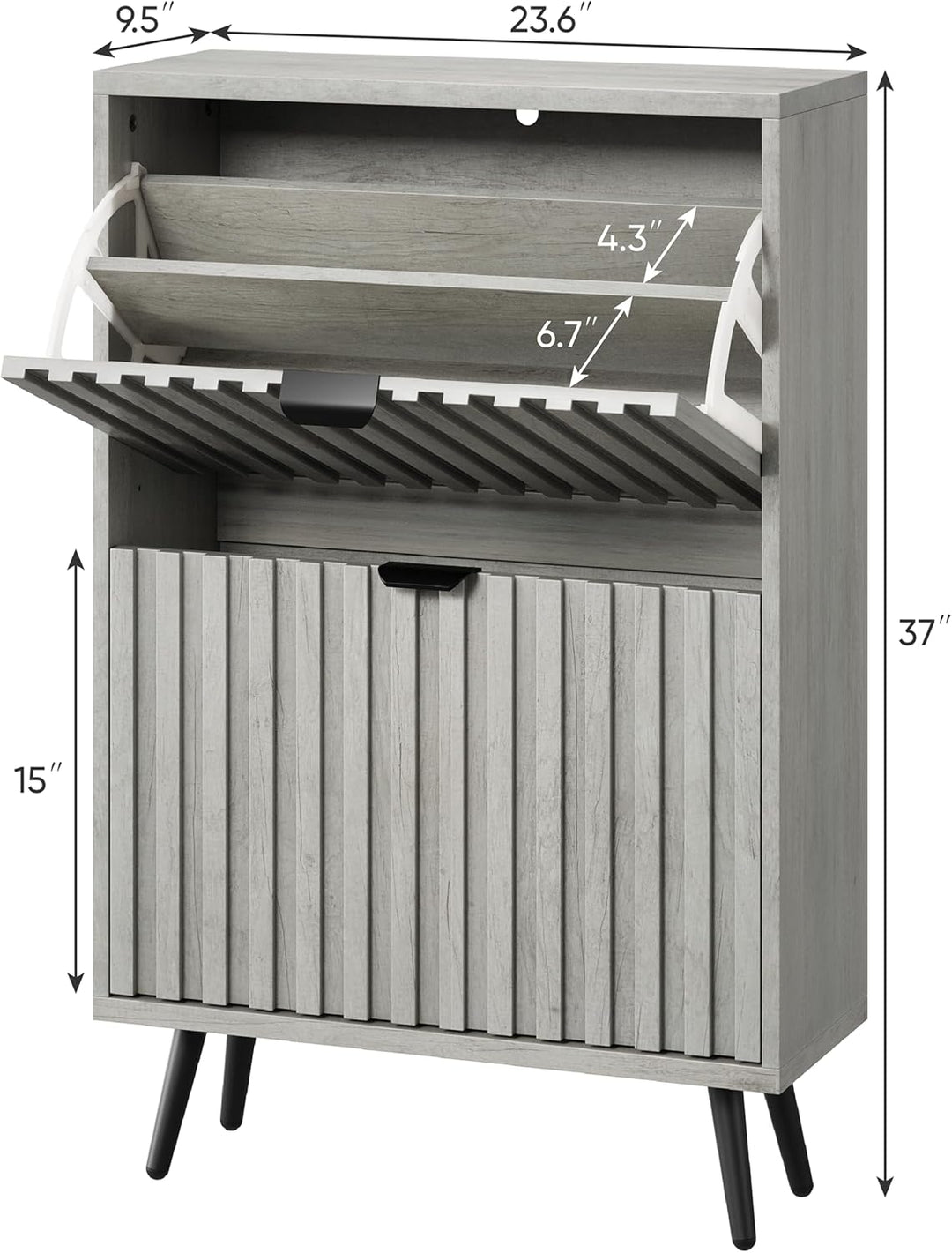 Smuxee Schuhschrank mit 2 Klappfächern, 60 cm Grauer Schuhschrank mit geriffeltem Design, freistehen