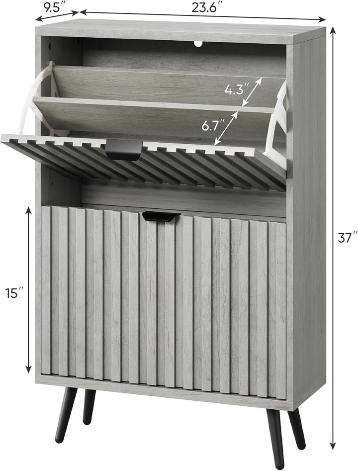 Smuxee Schuhschrank mit 2 Klappfächern, 60 cm Grauer Schuhschrank mit geriffeltem Design, freistehen