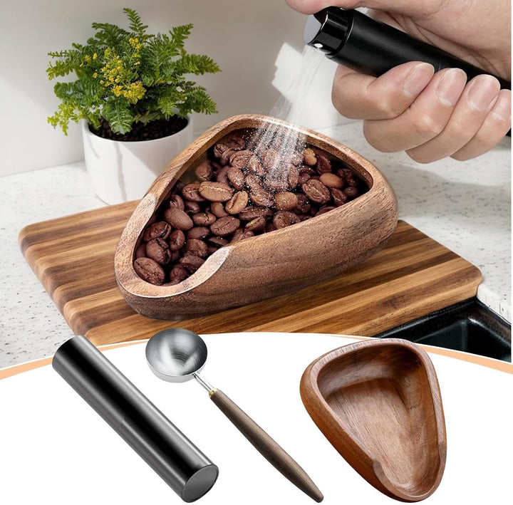 Coffee Bean Dosing Cup, Wooden Coffee Dosing Tray, Brewing Tool Set with Spoon and Spray Bottle for
