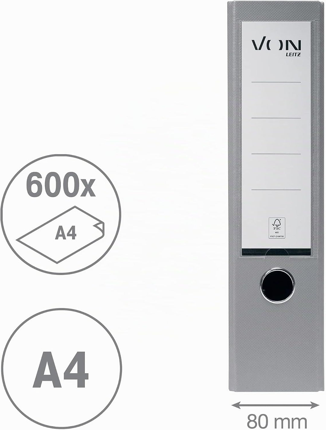 VON Leitz 5er Pack Ordner A4, Karton mit Kunststoffeinband, 80 mm Rückenbreite, Für 600 Blatt, FSC-z