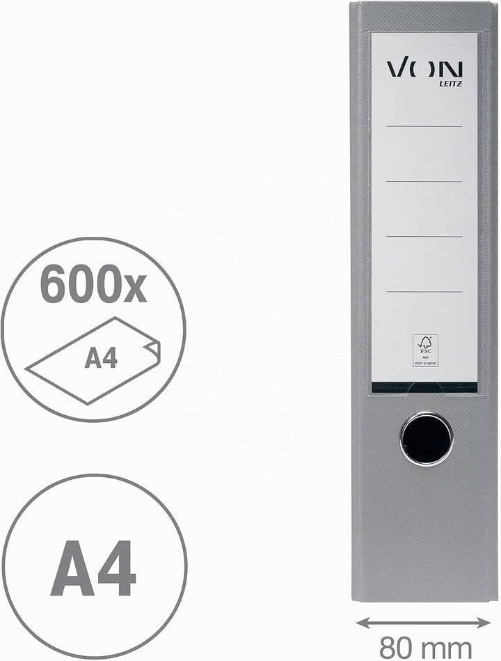 VON Leitz 5er Pack Ordner A4, Karton mit Kunststoffeinband, 80 mm Rückenbreite, Für 600 Blatt, FSC-z