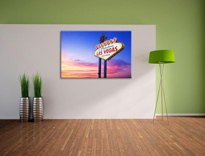 Las Vegas Schild in der Dämmerung Format: 100x70 auf Leinwand, XXL riesige Bilder fertig gerahmt mit